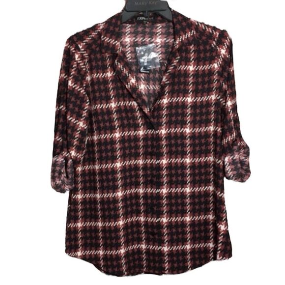 NWT EXPRESS HOUNDSTOOTH PRINT BUTTON UP LONG‎ SLEEVE SHIRT SMALL OFFICEWEAR - Picture 1 of 9